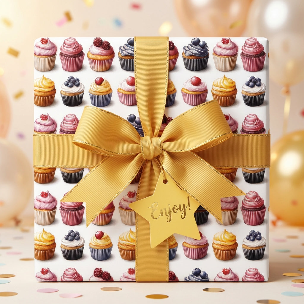 Square gift wrapped in cupcake-patterned birthday wrapping paper with a gold ribbon and a "Enjoy!" gift tag.