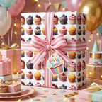 Fun birthday wrapping paper with a cupcake pattern and pink striped ribbon for a party gift.