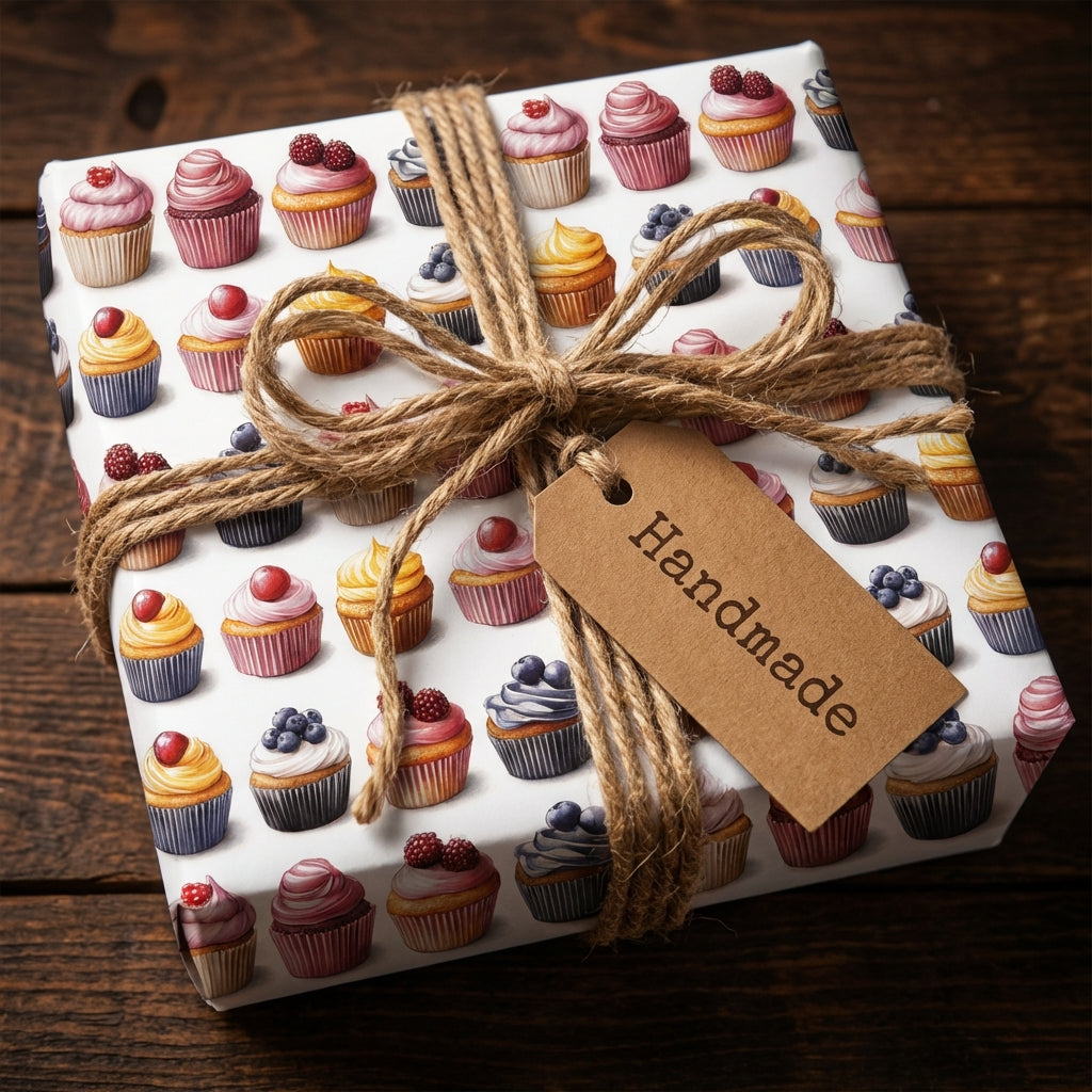 Square gift wrapped in cupcake print paper, tied with rustic twine and "Handmade" tag.