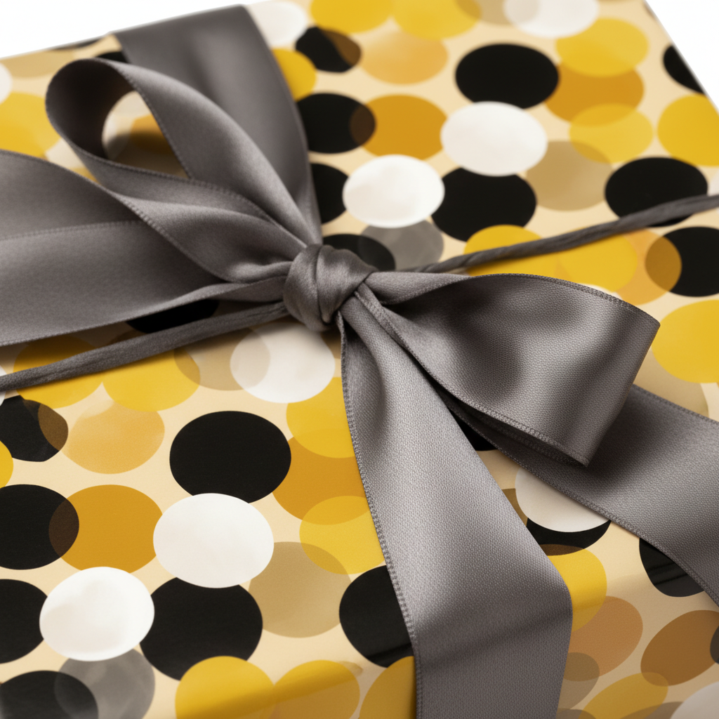 Modern gold, black, and white polka dot wrapping paper with a sleek gray satin ribbon, perfect for birthday or luxury gifts.