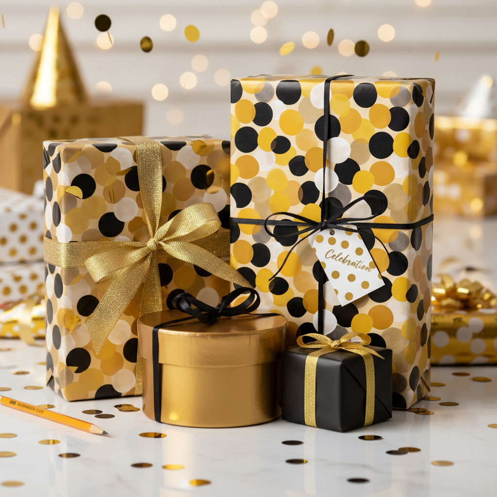 Elegant black and gold polka dot celebration wrapping paper with festive ribbons, perfect for birthdays, anniversaries, or special occasion gifts.