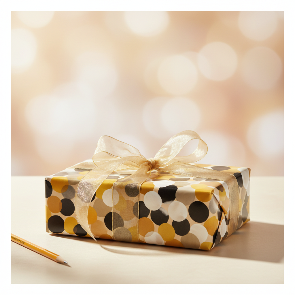 Elegant gift box wrapped in modern gold, black, and white polka dot paper with a sheer gold ribbon, perfect for a birthday or special occasion.