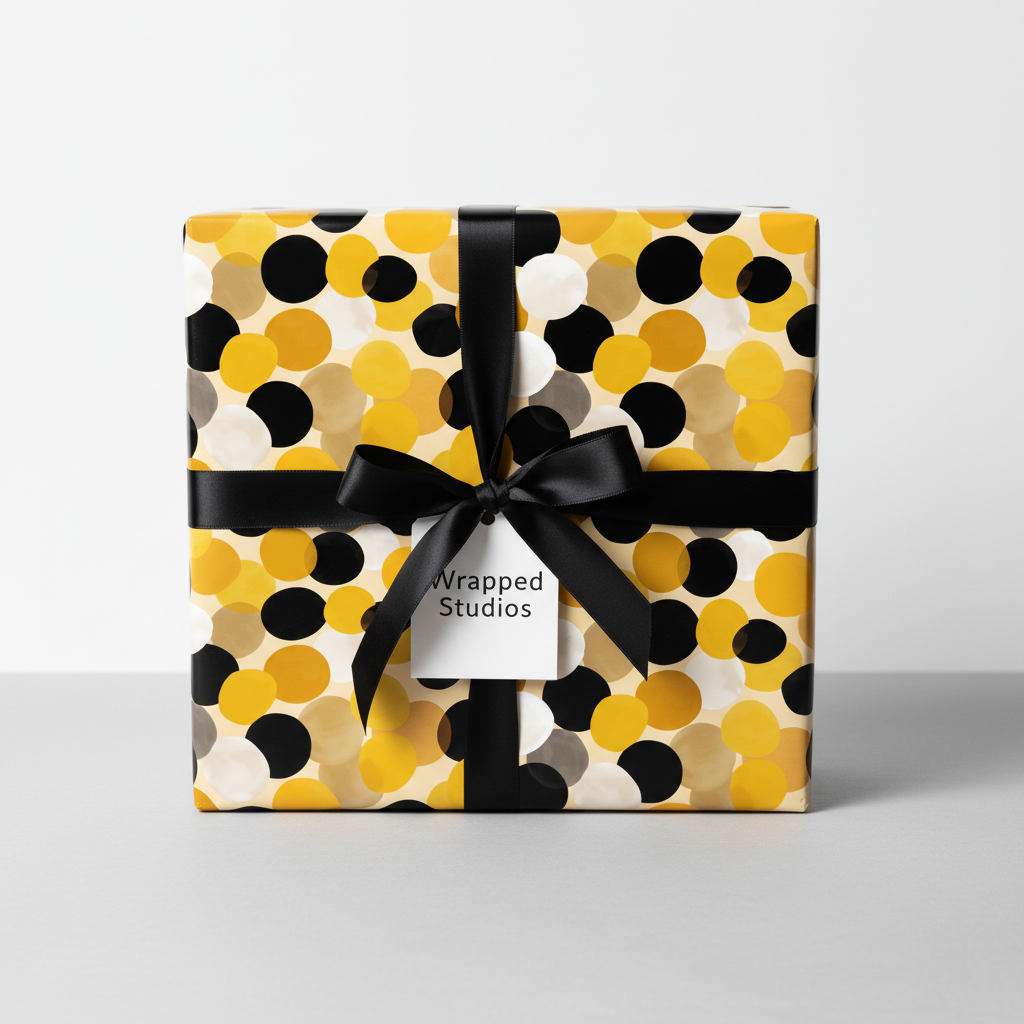 Modern polka dot wrapping paper in black, white, and yellow with a black ribbon bow and "Wrapped Studios" gift tag, ideal for birthday or luxury gifts.