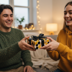 Modern gift wrapping paper with black and gold polka dots, tied with a black satin bow, exchanged between two happy people.