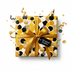 Luxury gold and black polka dot birthday wrapping paper with a festive ribbon and tag, perfect for celebration gifts.