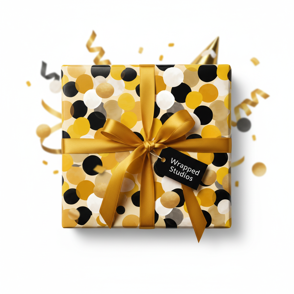 Luxury gold and black polka dot birthday wrapping paper with a festive ribbon and tag, perfect for celebration gifts.