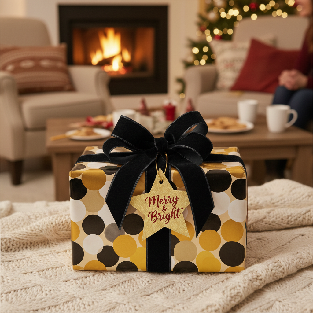 Merry & Bright Christmas gift wrap with a modern gold and white polka dot pattern, black velvet ribbon, and a cozy fireplace setting.