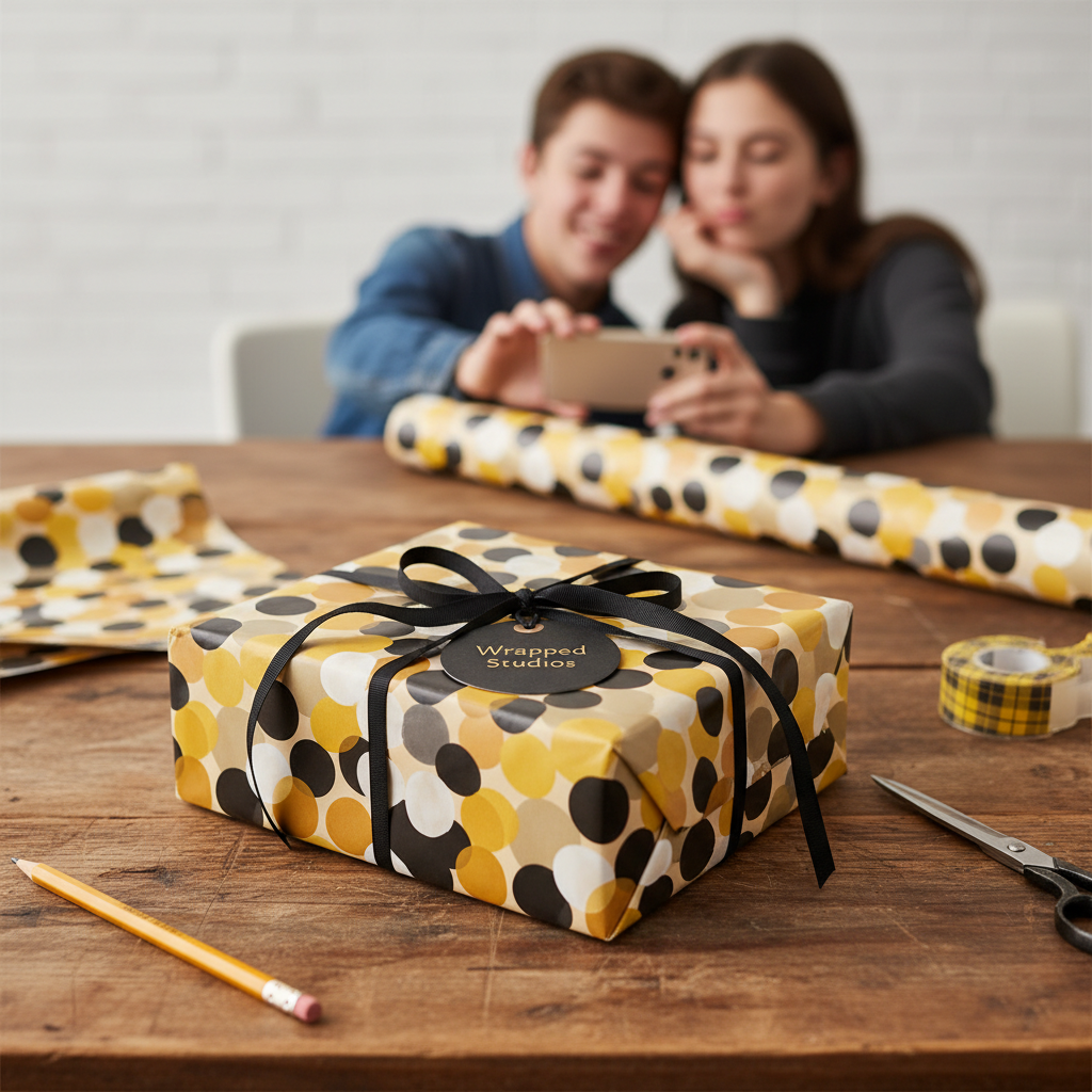 Modern polka dot wrapping paper in yellow, black, and white with a black ribbon, perfect for birthday or luxury gifts.