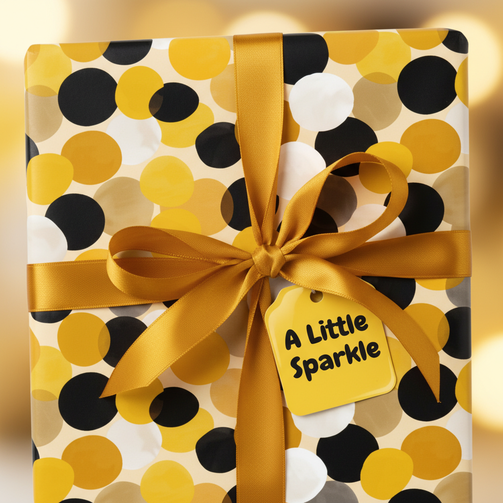 Modern polka dot wrapping paper in black, white, and gold with a satin gold ribbon and "A Little Sparkle" gift tag.