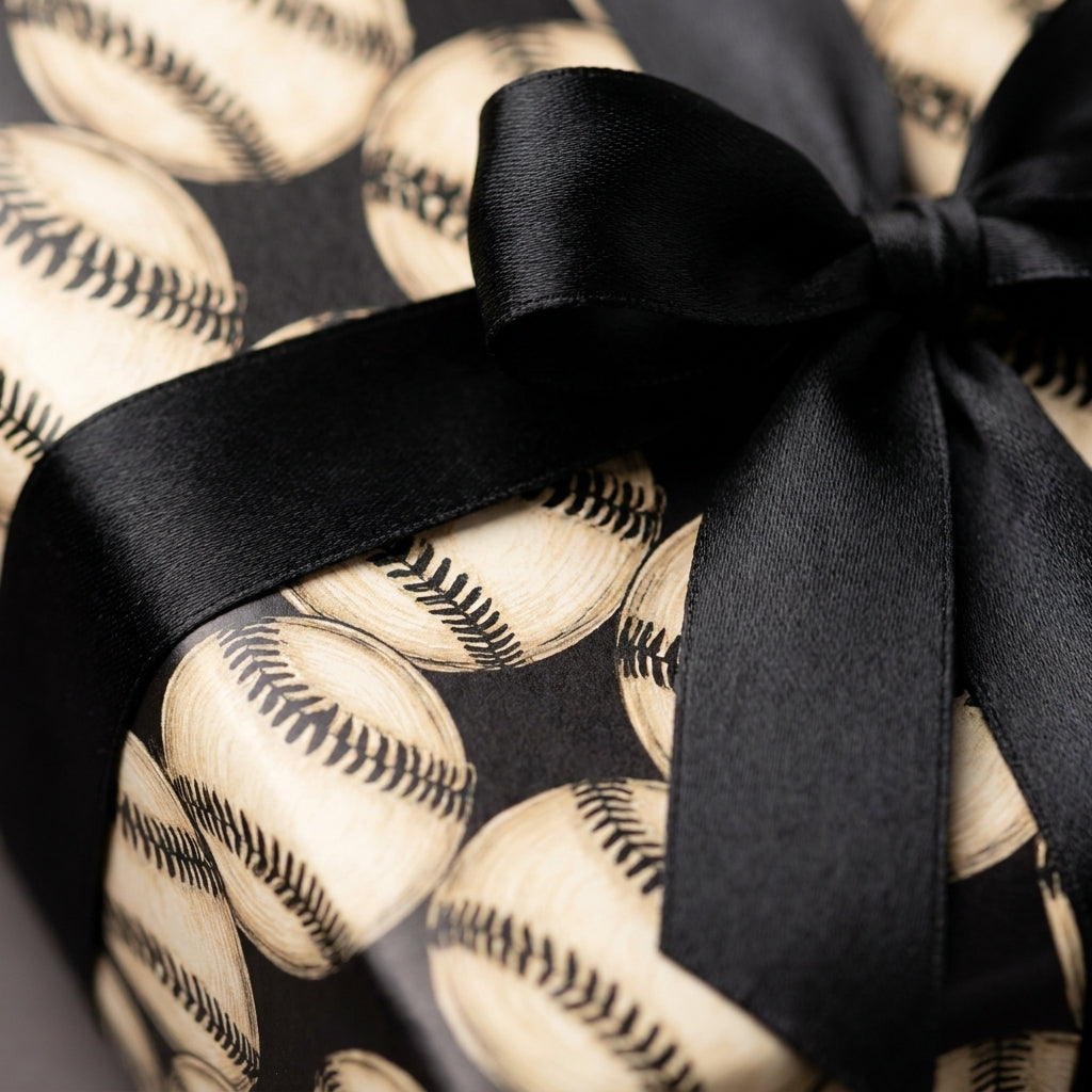 Vintage baseball wrapping paper on a gift box tied with a black satin bow by Wrapped Studios.