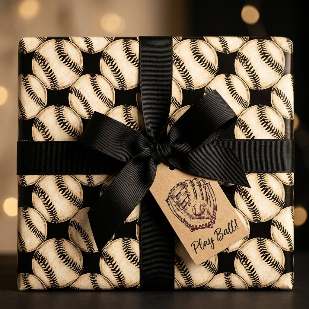 Vintage baseball wrapping paper with a black bow and "Play Ball" tag by Wrapped Studios.