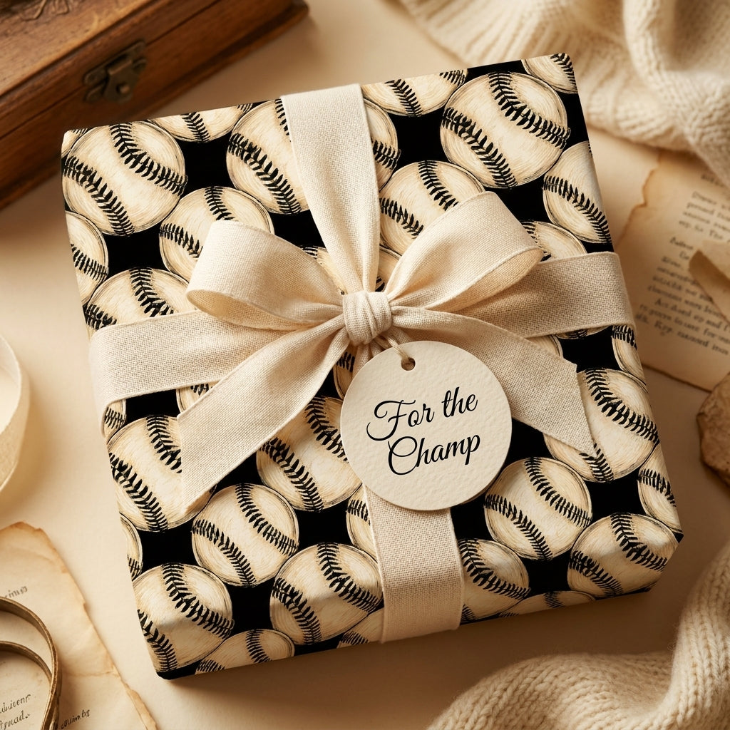 Vintage baseball wrapping paper on a gift box with a cream ribbon and tag by Wrapped Studios.