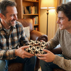 Father giving son a gift wrapped in baseball sports wrapping paper by Wrapped Studios.