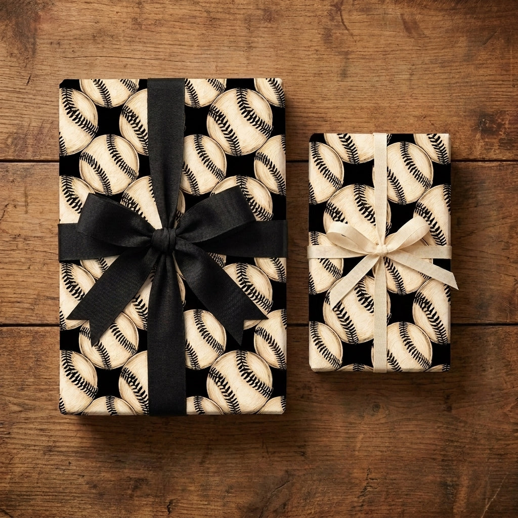 Baseball wrapping paper on gift boxes with black and cream ribbons by Wrapped Studios.