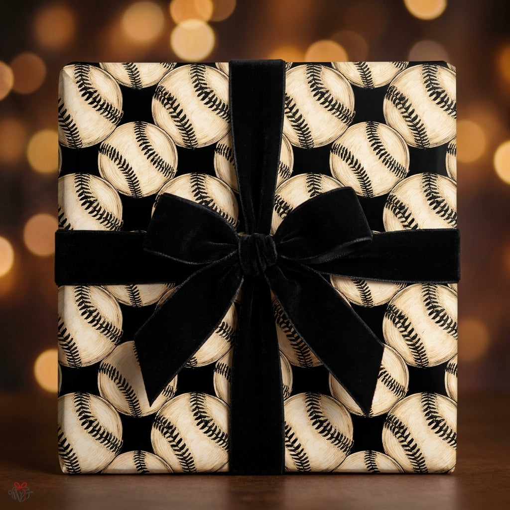Vintage baseball wrapping paper with a black velvet bow on a gift box by Wrapped Studios.
