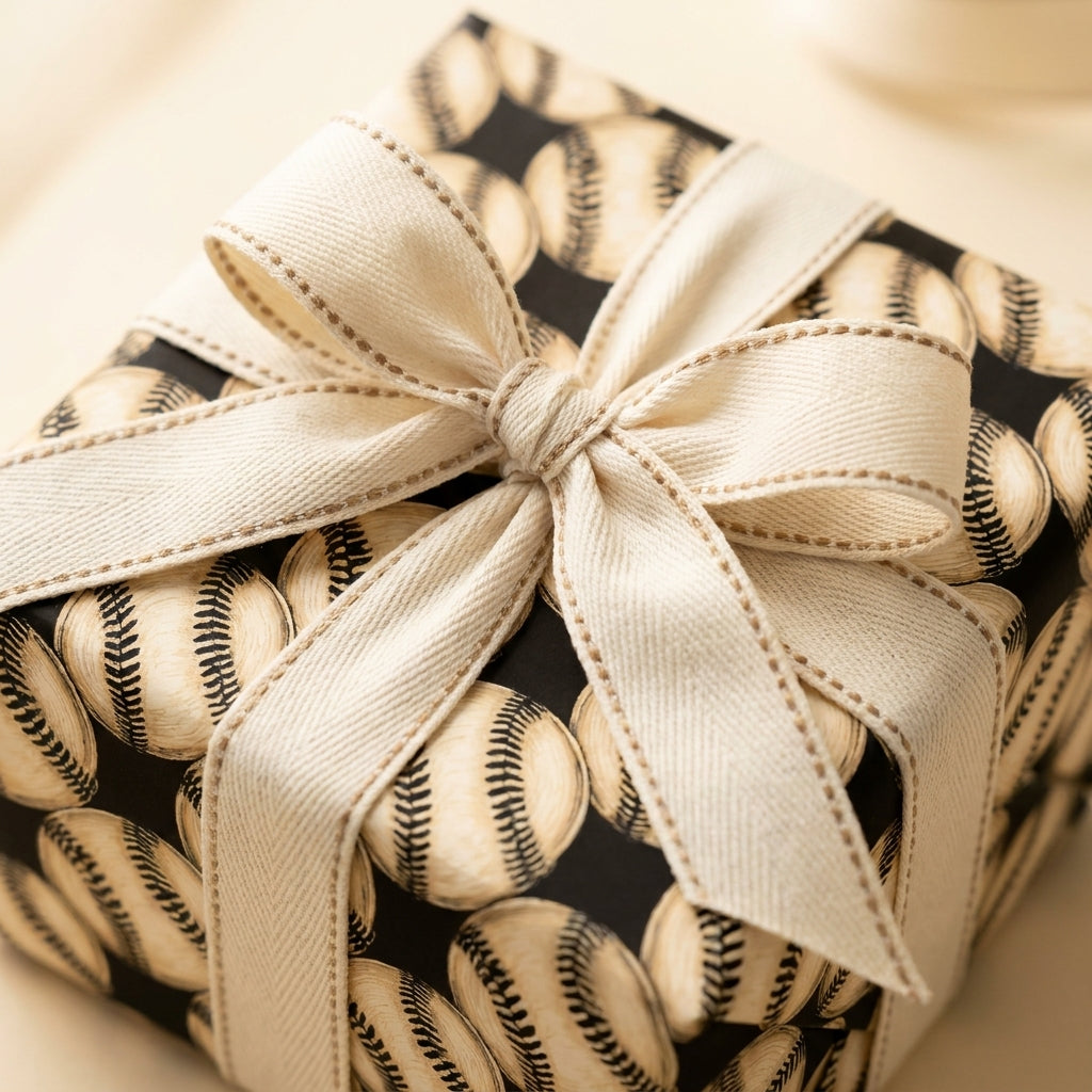 Vintage baseball wrapping paper with a cream ribbon on a gift box by Wrapped Studios.