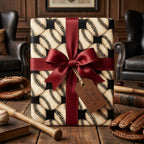 Vintage baseball wrapping paper with burgundy ribbon and Father's Day tag by Wrapped Studios.
