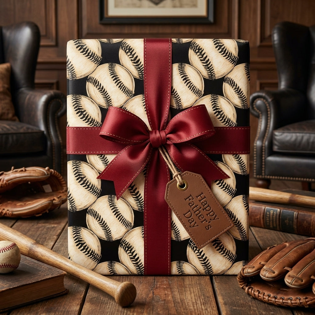 Vintage baseball wrapping paper with burgundy ribbon and Father's Day tag by Wrapped Studios.