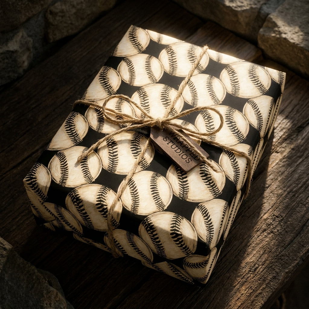 Vintage baseball wrapping paper with rustic twine on a birthday gift box by Wrapped Studios.