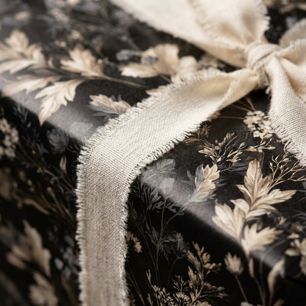 Black vintage floral wrapping paper with cream linen ribbon on a gift box by Wrapped Studios.