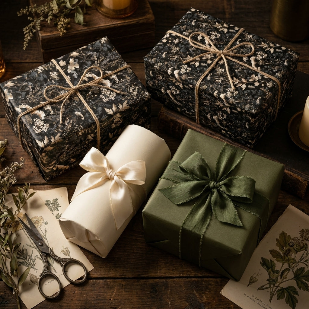 Dark floral wrapping paper and green luxury gift wrap with silk ribbons by Wrapped Studios on a rustic table.