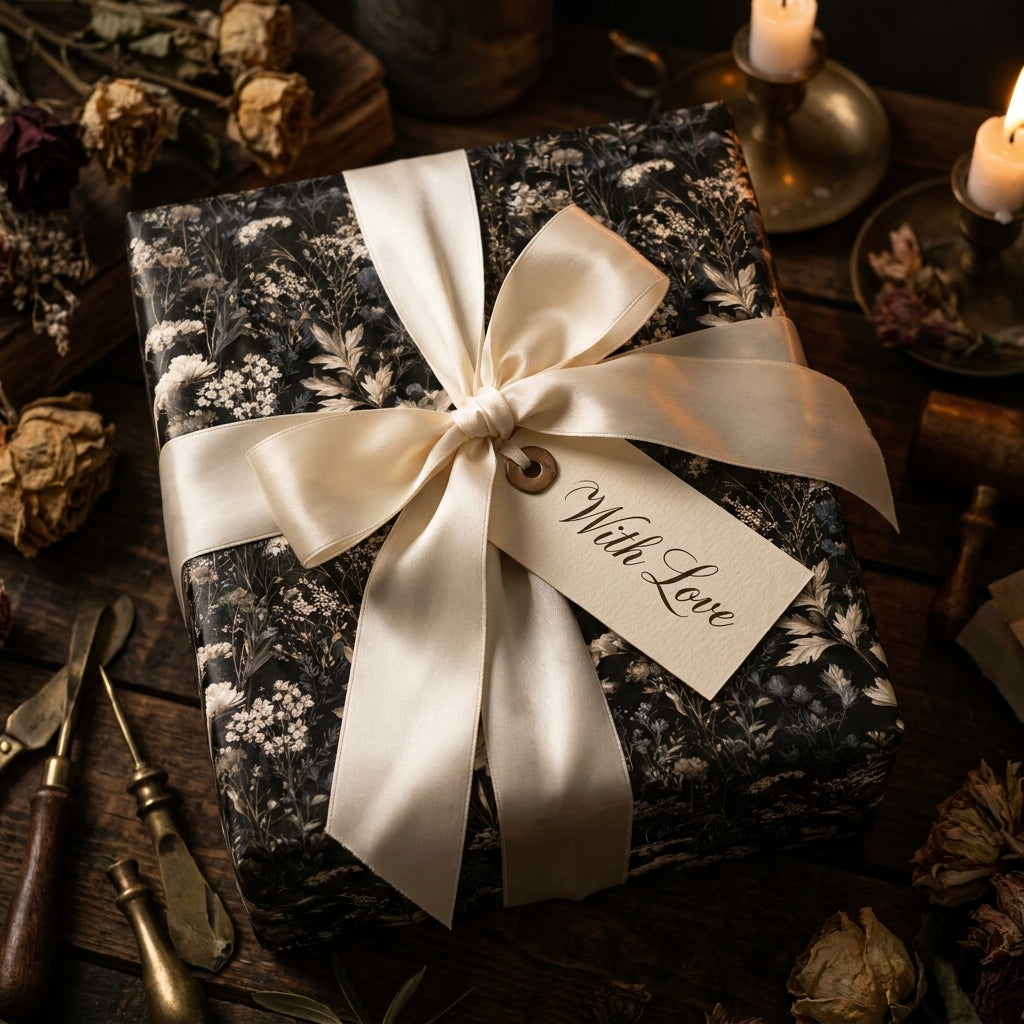 Luxury dark floral wrapping paper with cream satin bow and "With Love" tag by Wrapped Studios.