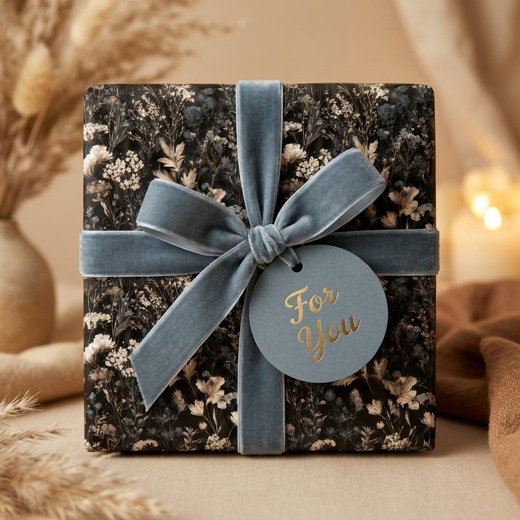 Luxury dark floral wrapping paper with blue velvet bow and gold foil gift tag by Wrapped Studios.