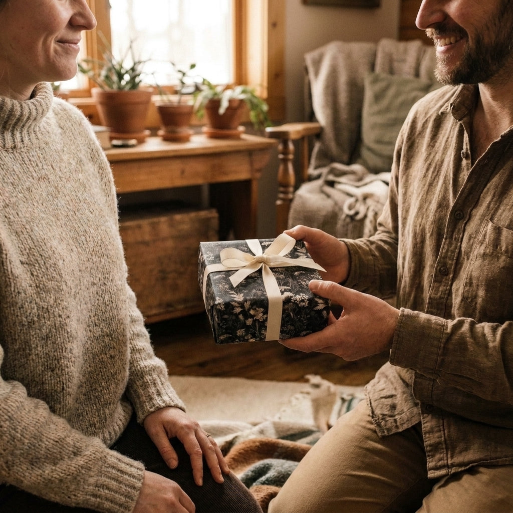 Man giving a gift wrapped in dark floral wrapping paper with a cream bow by Wrapped Studios.