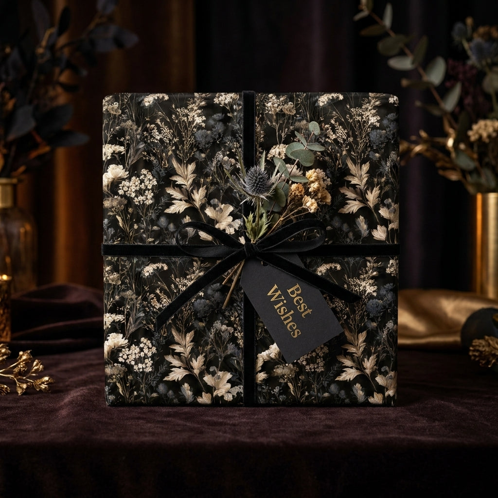 Moody floral wrapping paper with a black velvet ribbon on a luxury gift box by Wrapped Studios.