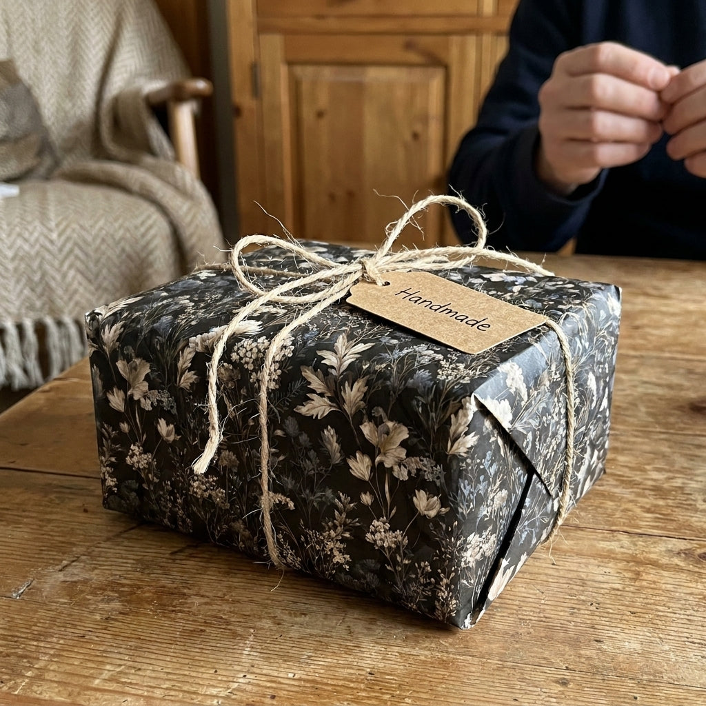Vintage dark floral wrapping paper by Wrapped Studios on a gift box tied with rustic twine.