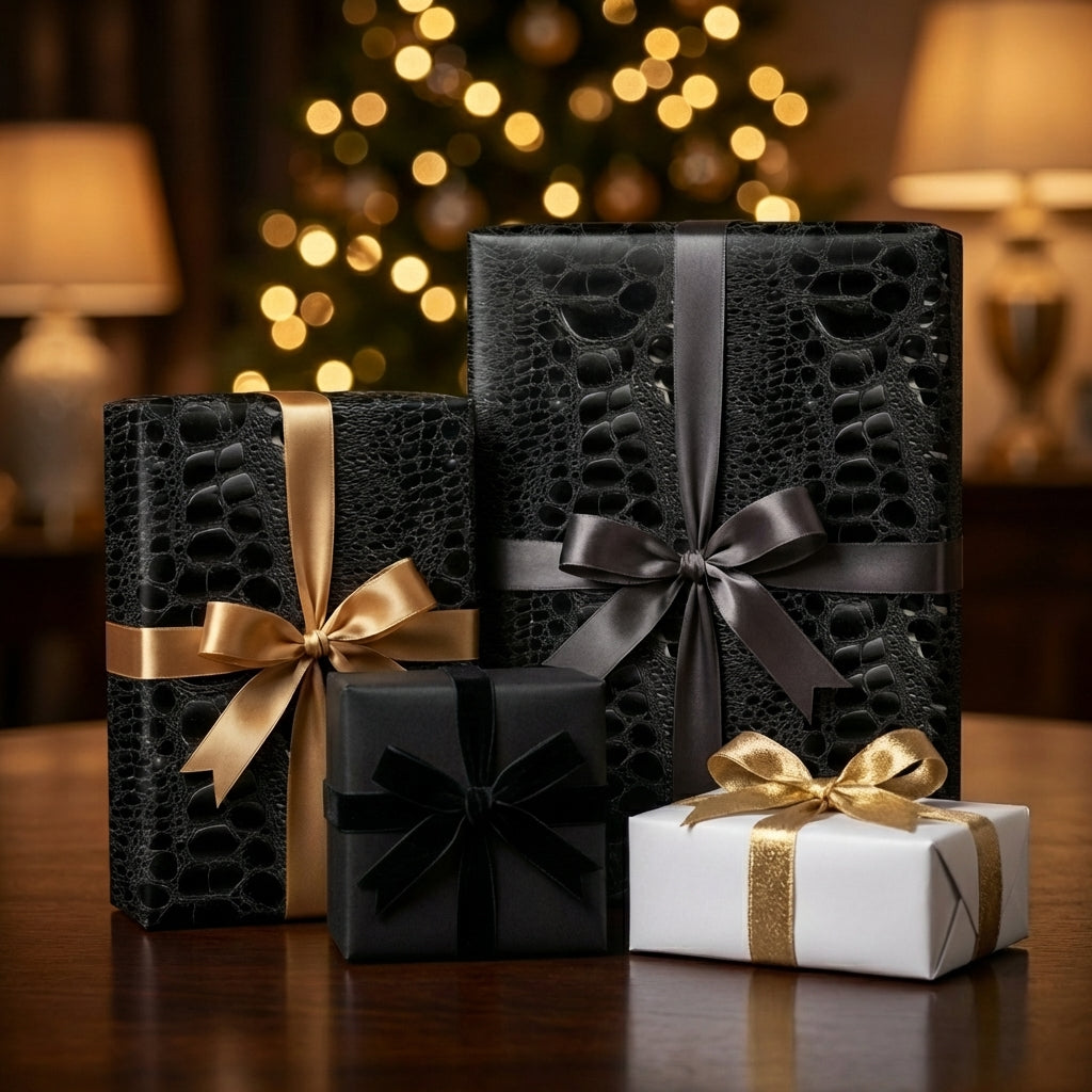 Elegant Christmas gifts wrapped in black luxury gift wrap with gold & grey ribbon.