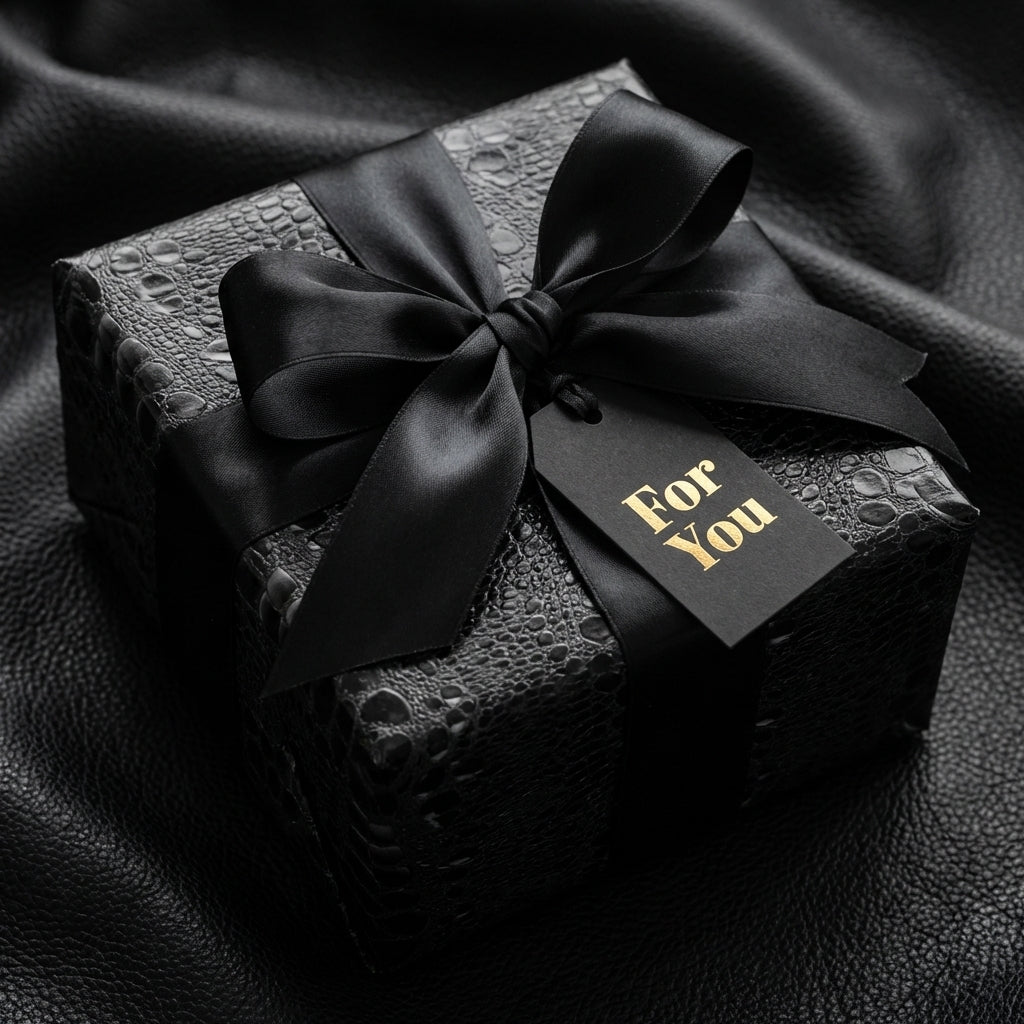 Black luxury gift wrap with satin ribbon and "For You" tag, presented by Wrapped Studios.