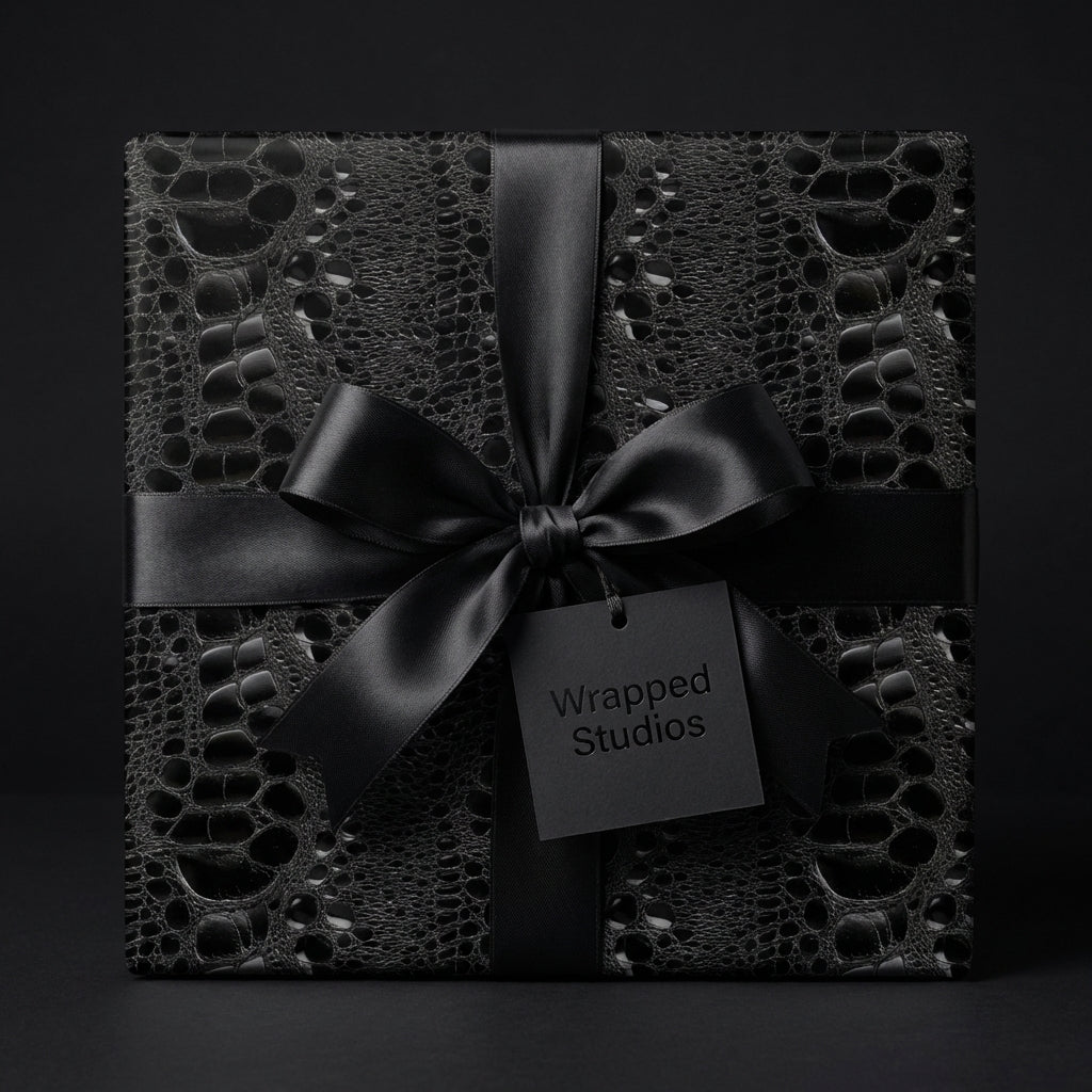 Elegant black gift box with luxury crocodile print wrapping paper and silk ribbon from Wrapped Studios.
