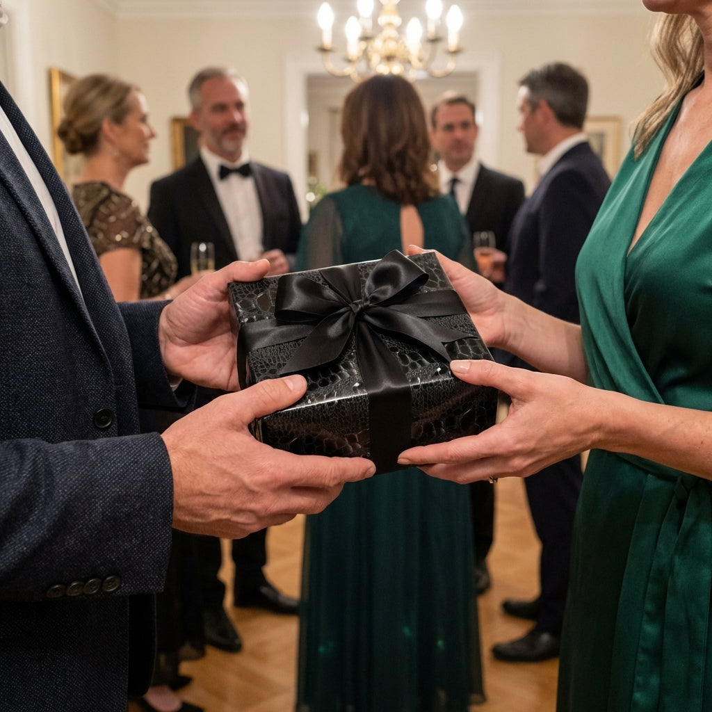Giving luxury gift wrapped in black textured paper with satin bow at formal event.