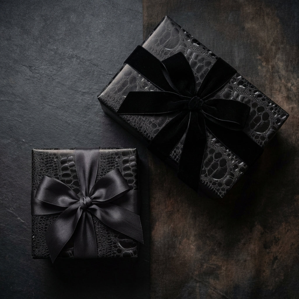 Luxury black gift wrap with a reptile print and elegant velvet ribbon bows from Wrapped Studios.