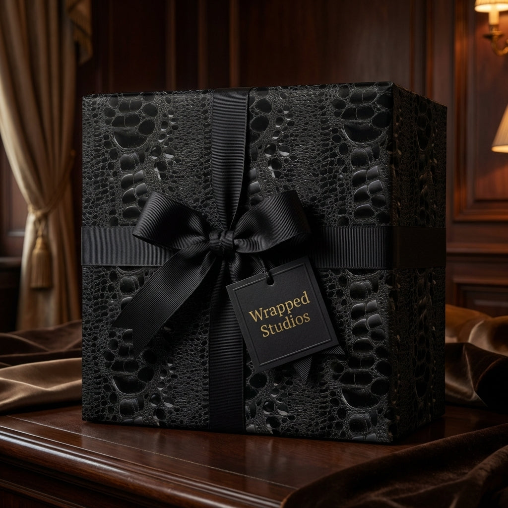 Wrapped Studios luxury gift wrap: Elegant black crocodile skin pattern with satin bow.