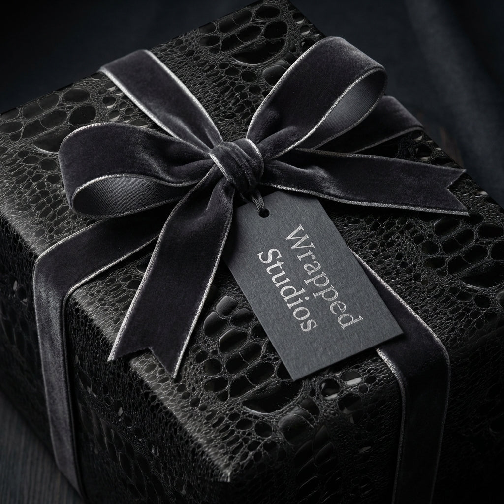 Wrapped Studios luxury gift wrap: Black crocodile-texture paper with a velvet ribbon.