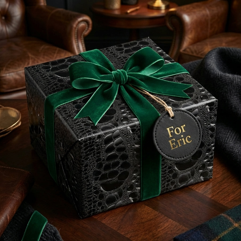 Luxury "For Eric" gift with elegant black crocodile print wrapping paper and emerald velvet ribbon.