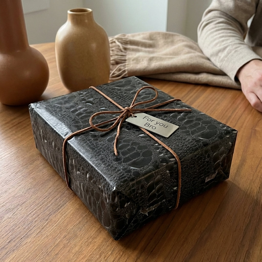 Gift wrapped in Wrapped Studios black alligator print wrapping paper with twine and "For you Bro" tag.
