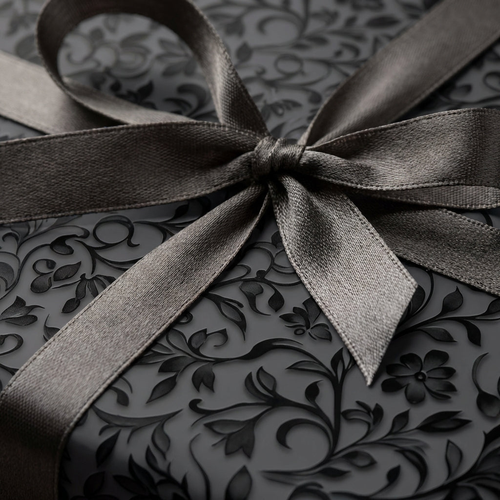 Elegant floral wrapping paper in dark gray with a satin ribbon bow, from Wrapped Studios.