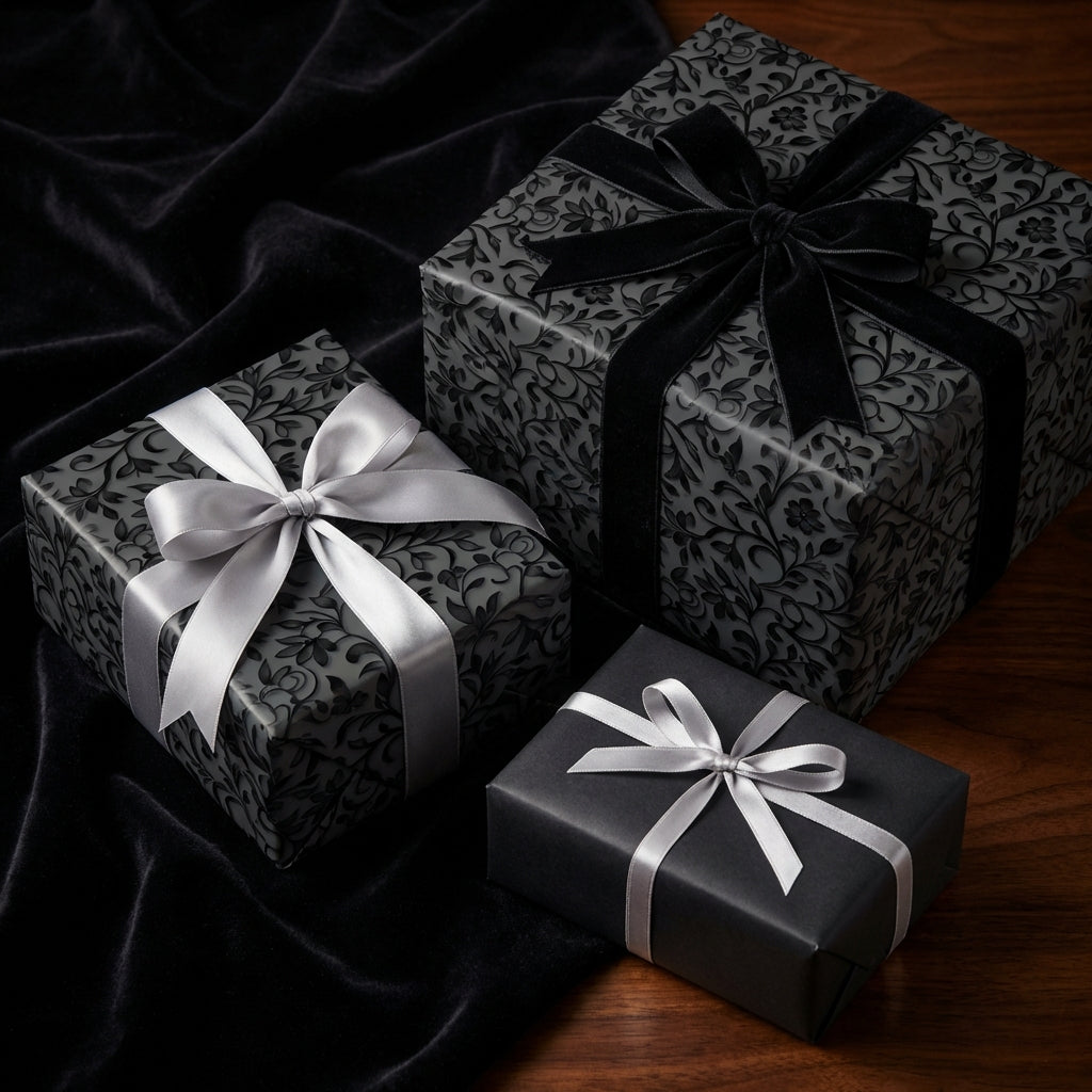 Elegant gifts wrapped in luxury black floral wrapping paper with velvet and satin ribbons.