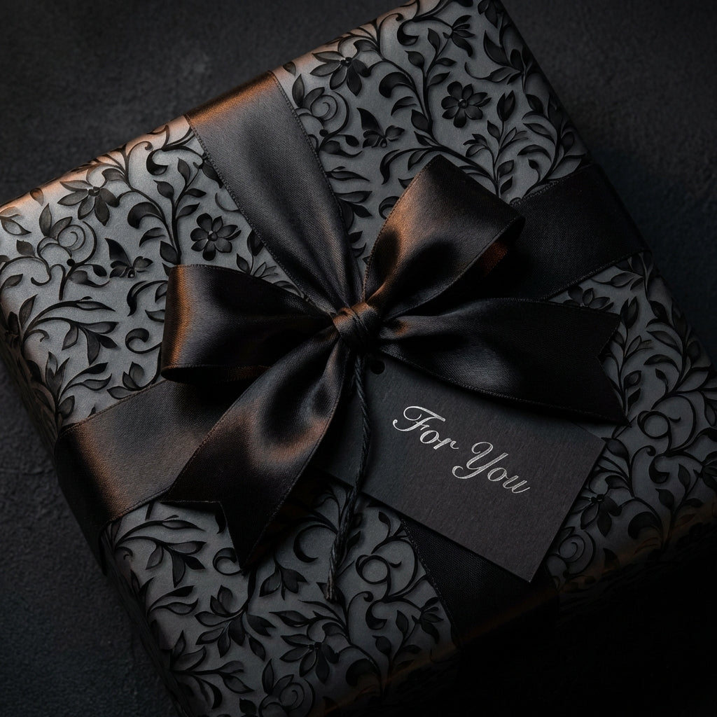 Elegant floral gift wrap in black with a satin bow.