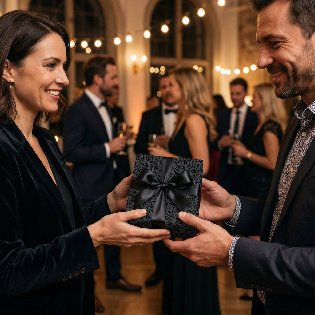 Woman exchanges gift wrapped in black floral wrapping paper with a black ribbon.