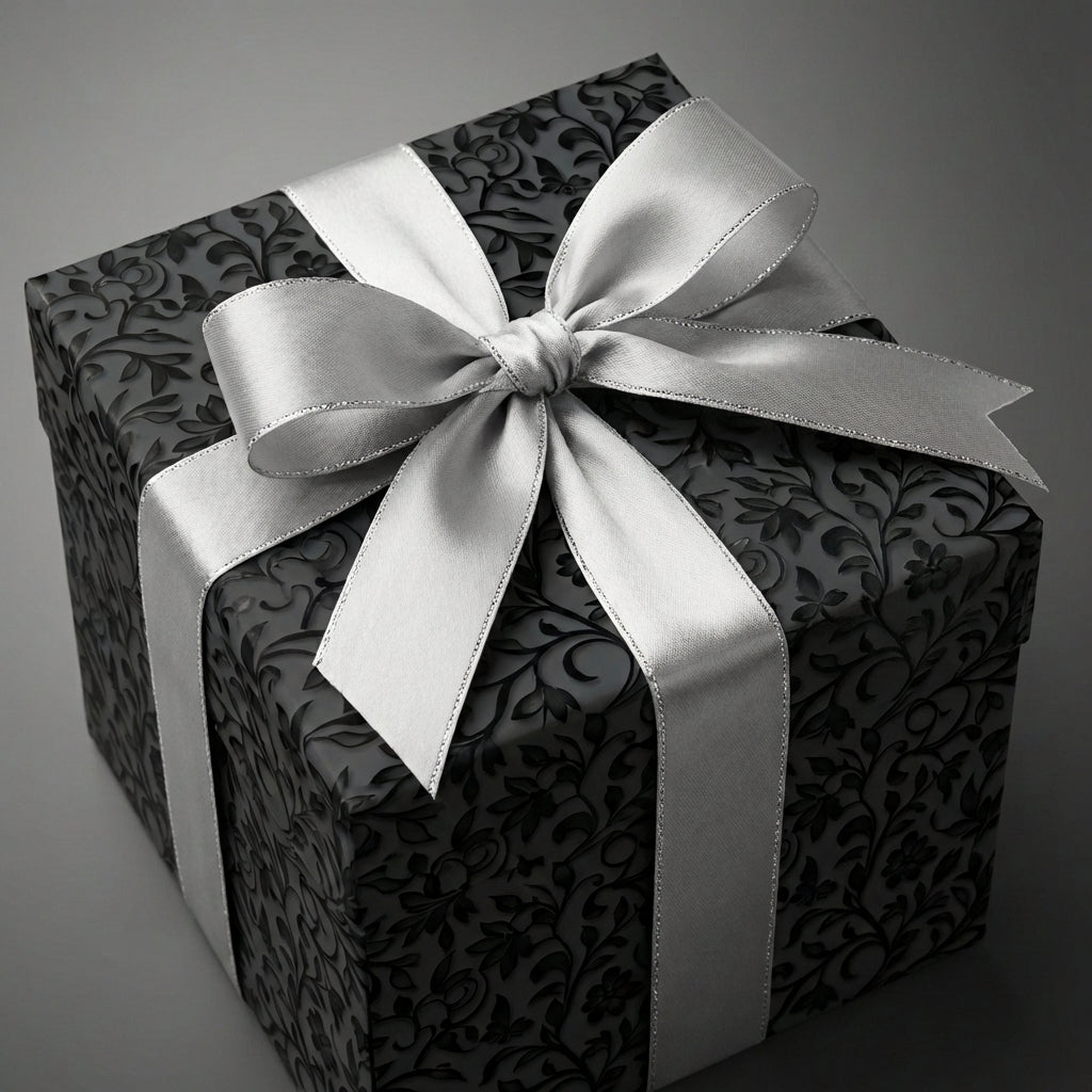 Elegant black floral wrapping paper with silver ribbon.
