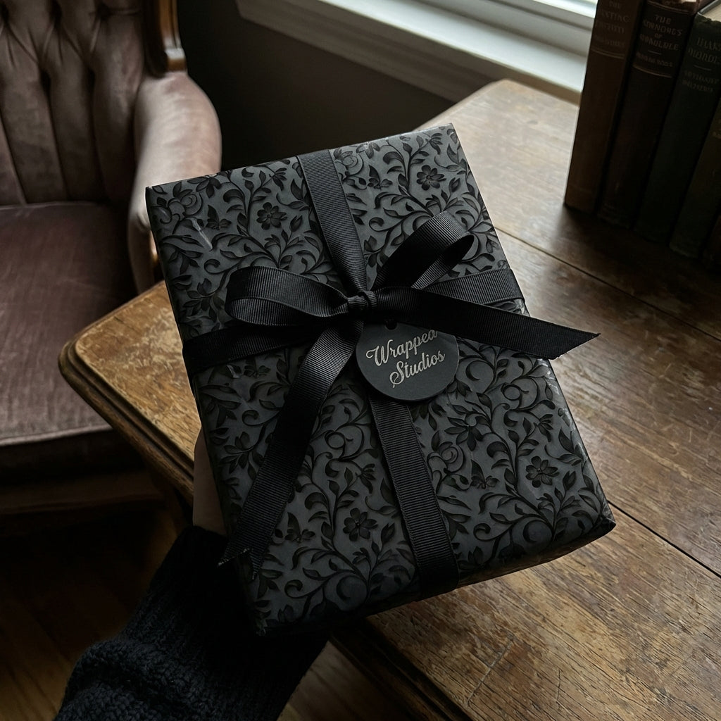 Wrapped Studios black floral wrapping paper with black ribbon, elegant gift wrap.