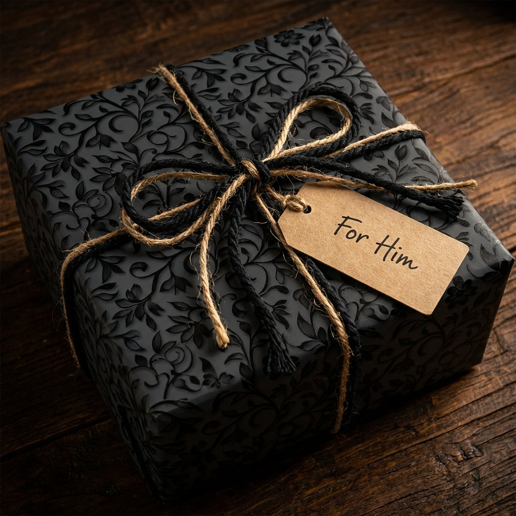 Elegant black floral wrapping paper with twine bow for him, from Wrapped Studios.