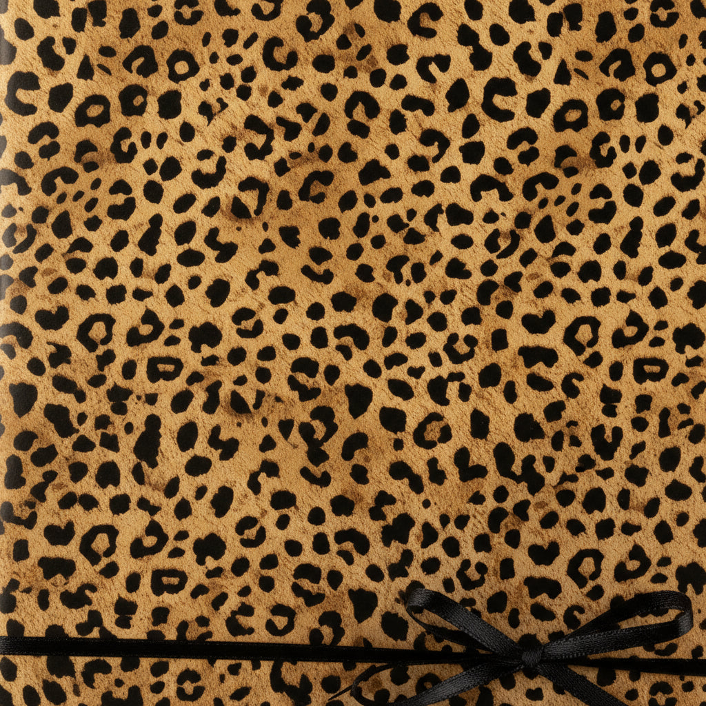 Tan gift box with black leopard print wrapping paper and a sleek black satin ribbon.