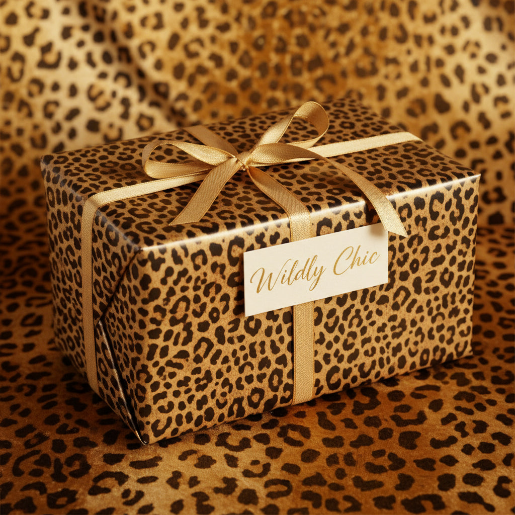 Leopard print wrapping paper with gold ribbon and a "Wildly Chic" tag.