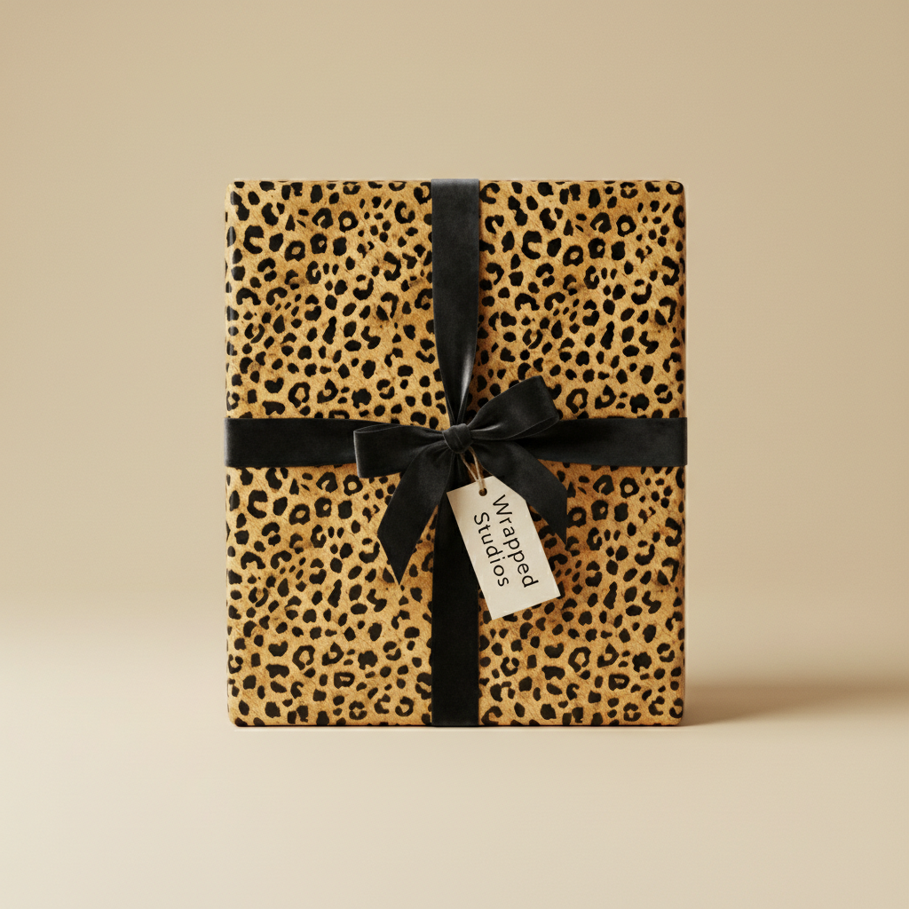 Chic gift wrapped in leopard print wrapping paper with a black velvet ribbon.