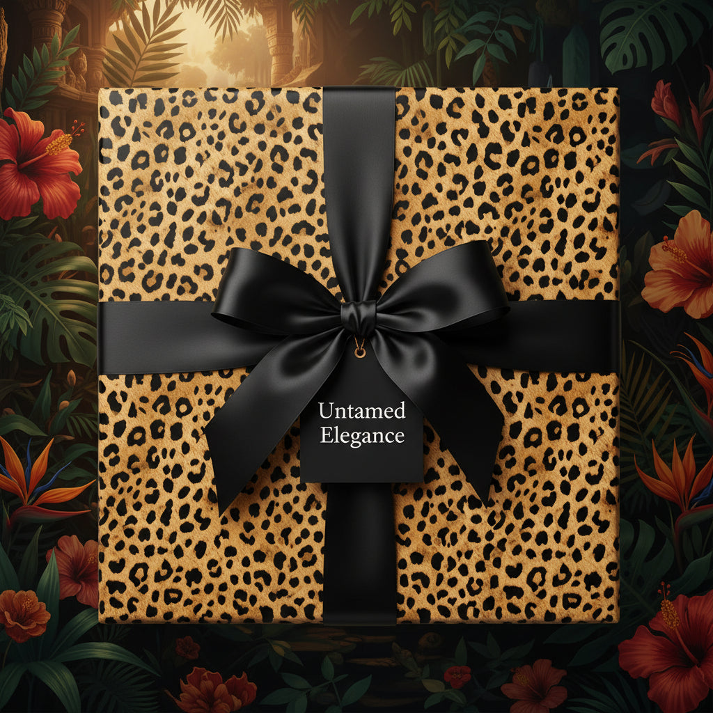 Square gift wrapped in leopard print paper with a black satin ribbon and bow, against a tropical floral backdrop.